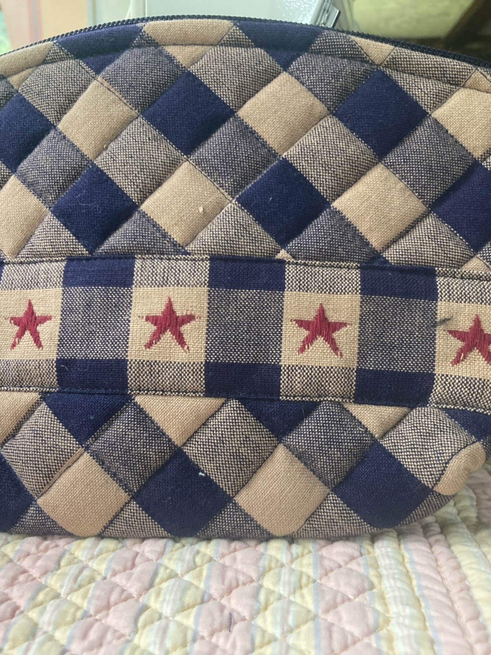 Quilted Navy and Cream Star-Accent Cosmetic Pouch
